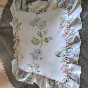 Square Floral Bedding Throw Pillow Cottage Hydrangea Rose Cream Ruffle Ties